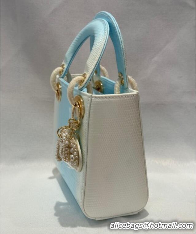 Grade Discount Dior Mini Lady Dior Bag in Lizard Skin and Goatskin Leather D7053 Blue 2025 (Full Handmade)