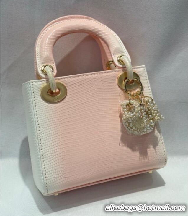 Best Design Dior Mini Lady Dior Bag in Lizard Skin and Goatskin Leather D7053 Pink 2025 (Full Handmade)