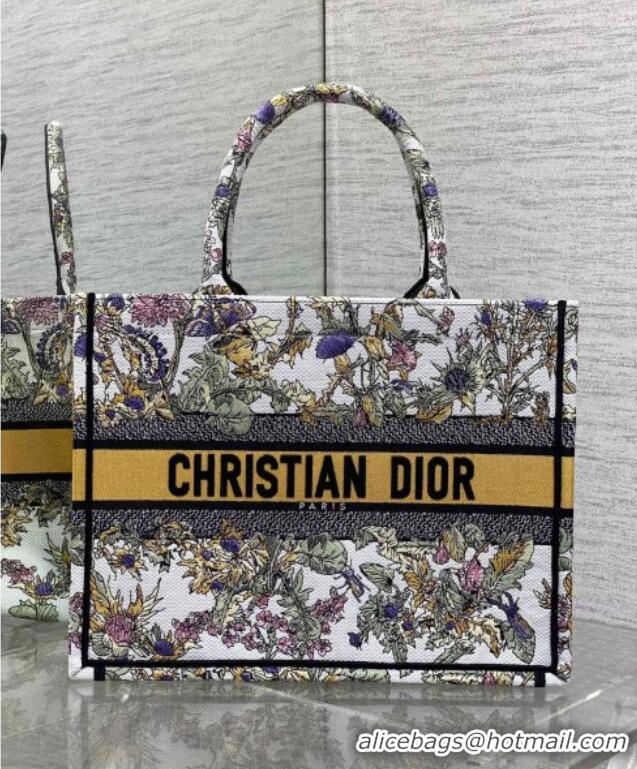 Buy Discount Dior Medium Book Tote Bag in Latte White Embroidery with Yellow Multicolor Dior Chardons Motif D7066 2025
