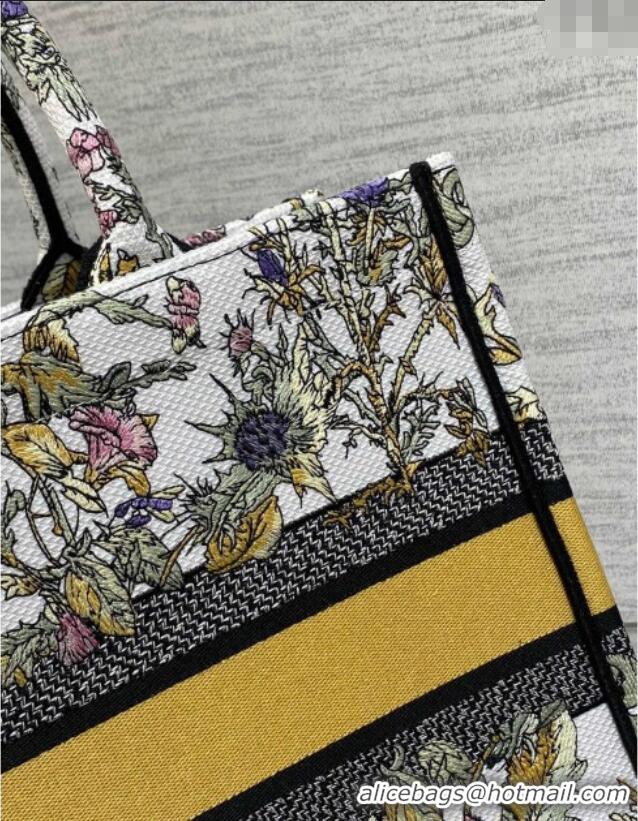 Buy Discount Dior Medium Book Tote Bag in Latte White Embroidery with Yellow Multicolor Dior Chardons Motif D7066 2025