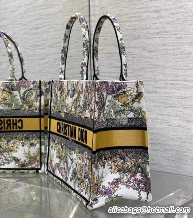 Buy Discount Dior Medium Book Tote Bag in Latte White Embroidery with Yellow Multicolor Dior Chardons Motif D7066 2025