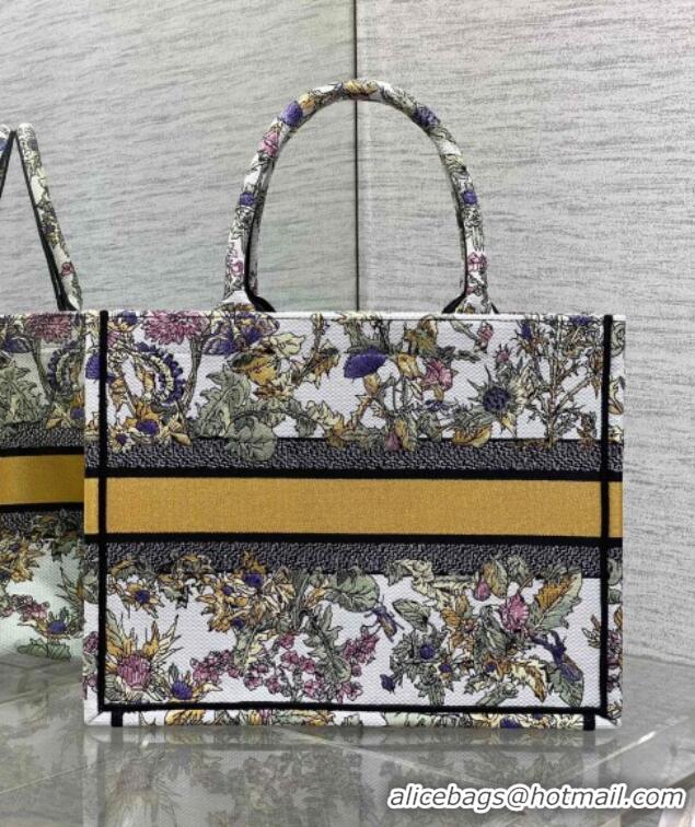 Buy Discount Dior Medium Book Tote Bag in Latte White Embroidery with Yellow Multicolor Dior Chardons Motif D7066 2025
