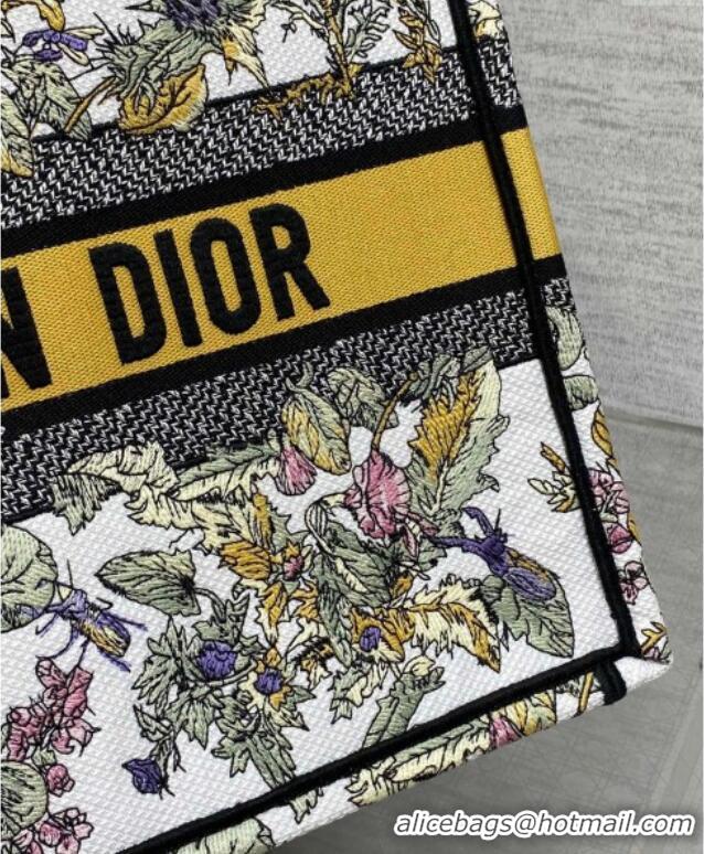 Buy Discount Dior Medium Book Tote Bag in Latte White Embroidery with Yellow Multicolor Dior Chardons Motif D7066 2025