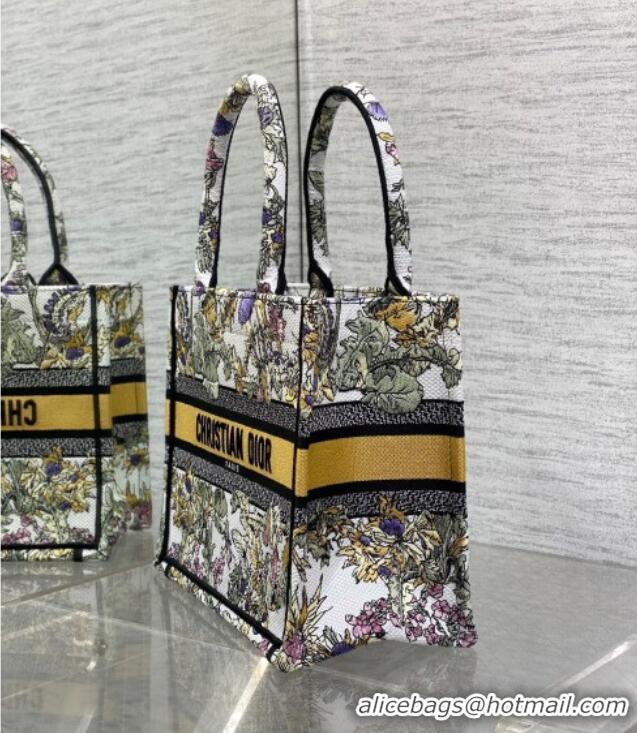 Well Crafted Dior Small Book Tote Bag in Latte White Embroidery with Yellow Multicolor Dior Chardons Motif D7067 2025