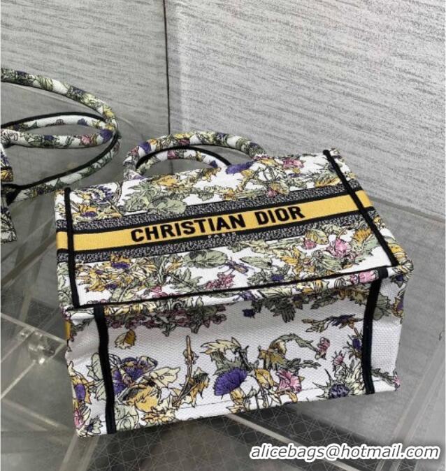 Well Crafted Dior Small Book Tote Bag in Latte White Embroidery with Yellow Multicolor Dior Chardons Motif D7067 2025