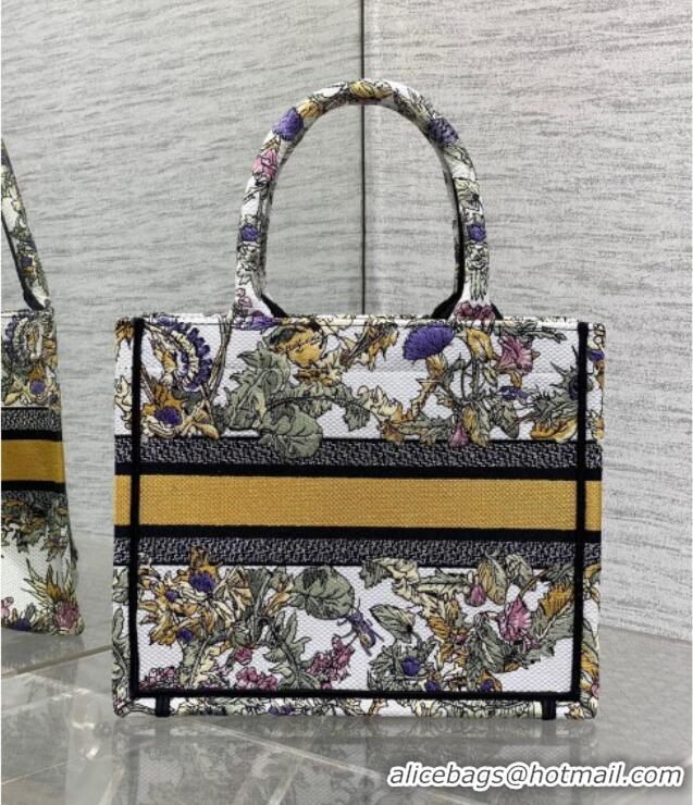 Well Crafted Dior Small Book Tote Bag in Latte White Embroidery with Yellow Multicolor Dior Chardons Motif D7067 2025