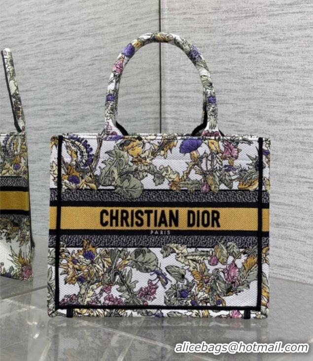Well Crafted Dior Small Book Tote Bag in Latte White Embroidery with Yellow Multicolor Dior Chardons Motif D7067 2025
