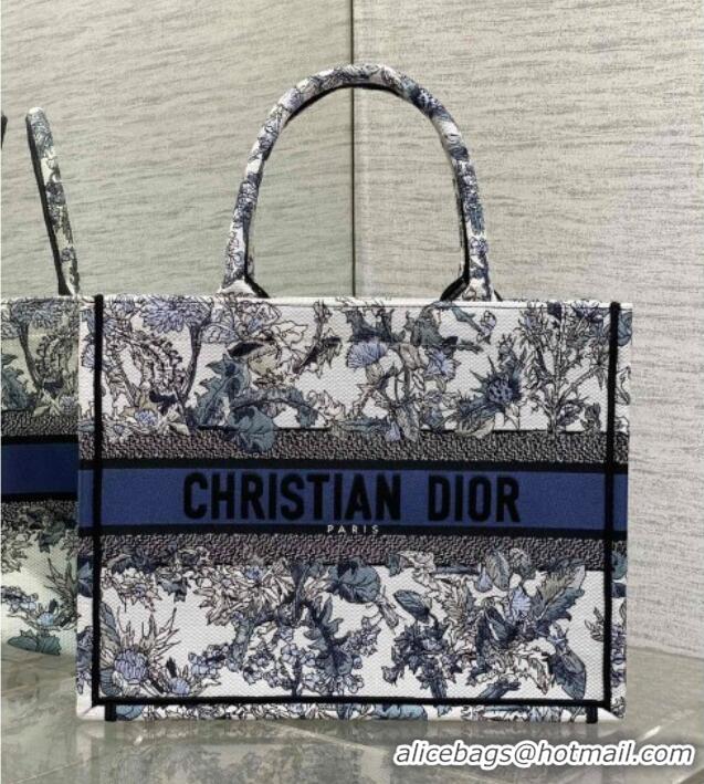Well Crafted Dior Medium Book Tote Bag in Latte White Embroidery with Blue Multicolor Dior Chardons Motif D7066 2025