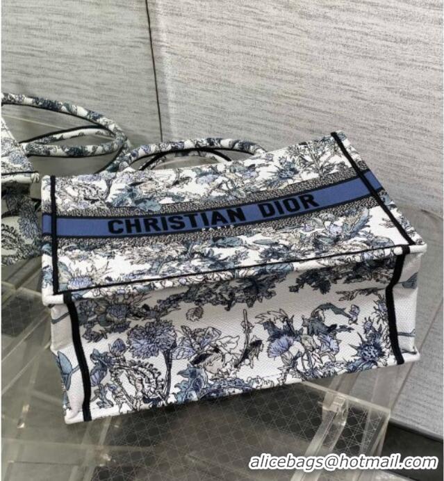 Well Crafted Dior Medium Book Tote Bag in Latte White Embroidery with Blue Multicolor Dior Chardons Motif D7066 2025