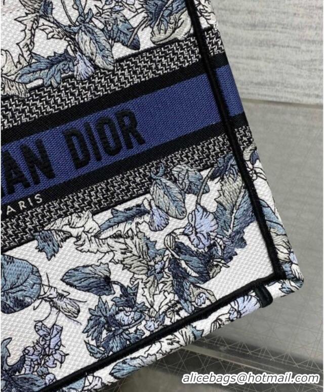 Top Grade Dior Small Book Tote Bag in Latte White Embroidery with Blue Multicolor Dior Chardons Motif D7067 2025