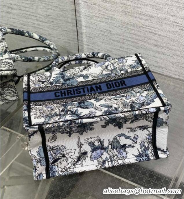 Top Grade Dior Small Book Tote Bag in Latte White Embroidery with Blue Multicolor Dior Chardons Motif D7067 2025