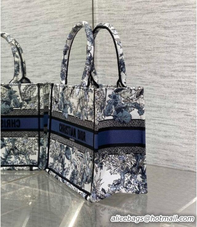 Top Grade Dior Small Book Tote Bag in Latte White Embroidery with Blue Multicolor Dior Chardons Motif D7067 2025