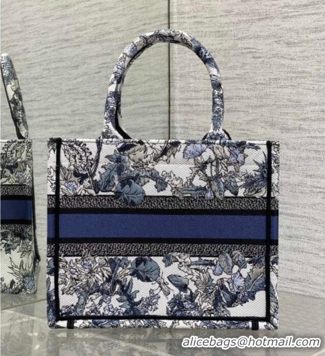 Top Grade Dior Small Book Tote Bag in Latte White Embroidery with Blue Multicolor Dior Chardons Motif D7067 2025