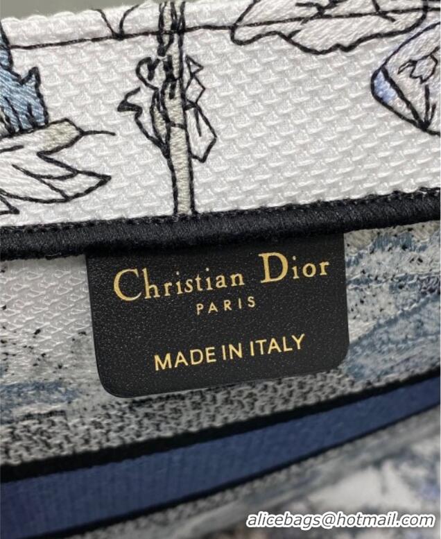 Top Grade Dior Small Book Tote Bag in Latte White Embroidery with Blue Multicolor Dior Chardons Motif D7067 2025