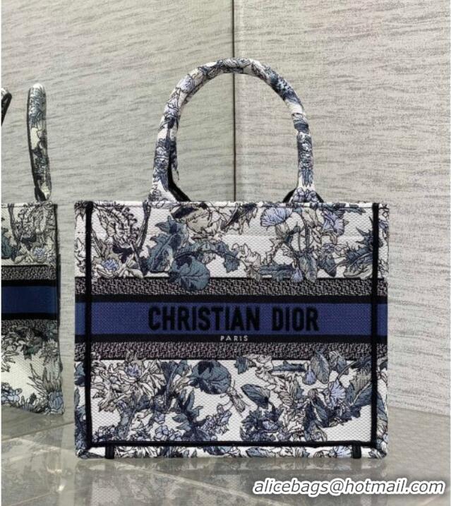 Top Grade Dior Small Book Tote Bag in Latte White Embroidery with Blue Multicolor Dior Chardons Motif D7067 2025