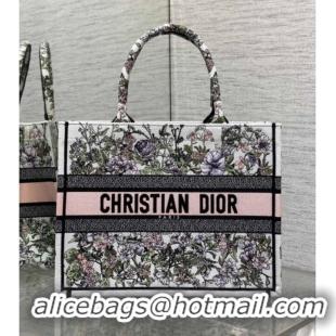 Pretty Style Dior Medium Book Tote Bag in Latte White Embroidery with Pink Multicolor D-Floral Embroidery D7066 2025