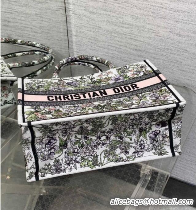 Pretty Style Dior Medium Book Tote Bag in Latte White Embroidery with Pink Multicolor D-Floral Embroidery D7066 2025