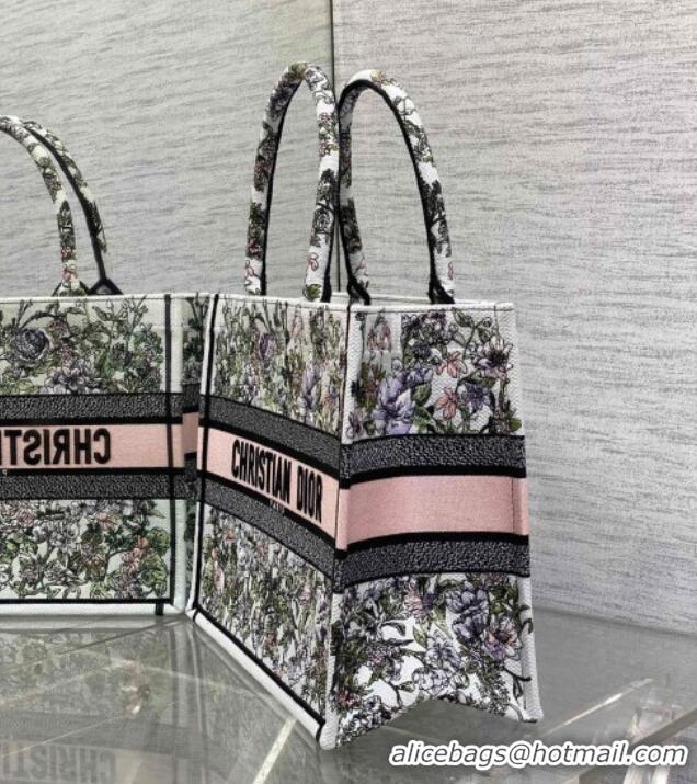 Pretty Style Dior Medium Book Tote Bag in Latte White Embroidery with Pink Multicolor D-Floral Embroidery D7066 2025