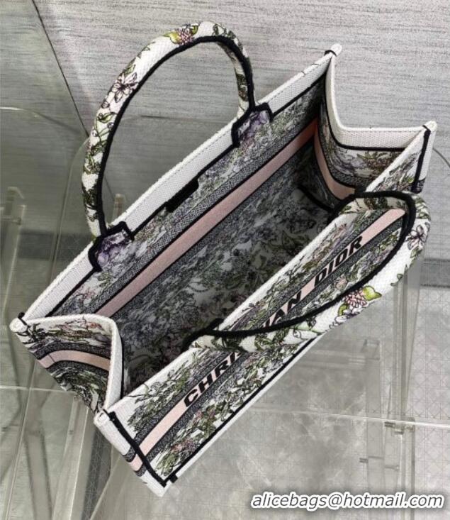 Pretty Style Dior Medium Book Tote Bag in Latte White Embroidery with Pink Multicolor D-Floral Embroidery D7066 2025