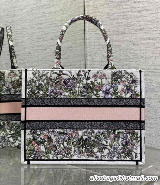 Pretty Style Dior Medium Book Tote Bag in Latte White Embroidery with Pink Multicolor D-Floral Embroidery D7066 2025