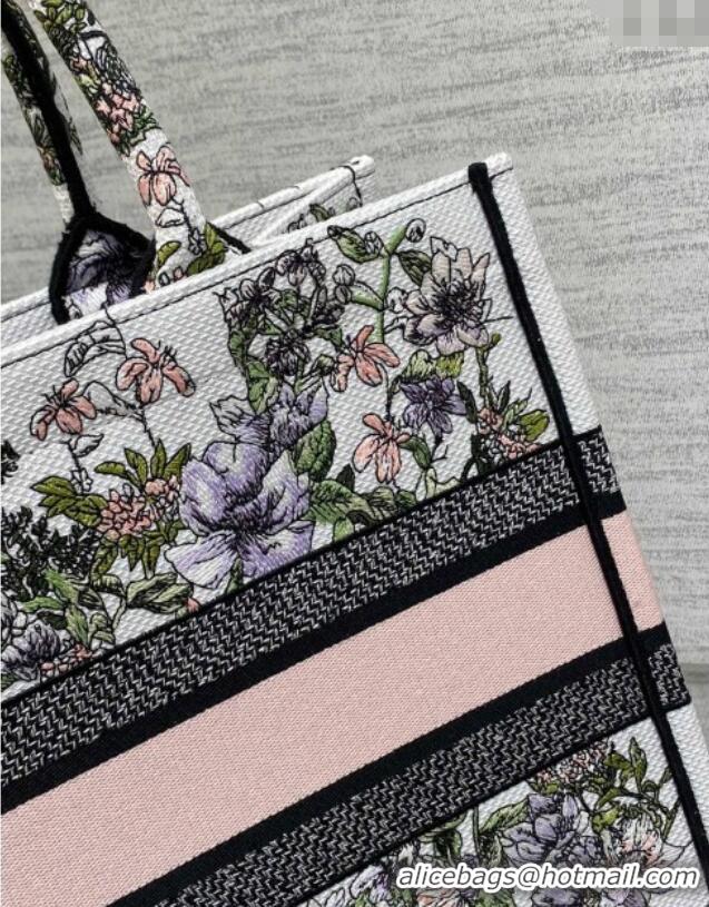 Pretty Style Dior Medium Book Tote Bag in Latte White Embroidery with Pink Multicolor D-Floral Embroidery D7066 2025