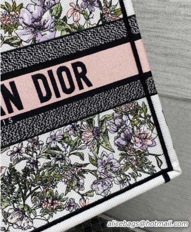 Pretty Style Dior Medium Book Tote Bag in Latte White Embroidery with Pink Multicolor D-Floral Embroidery D7066 2025