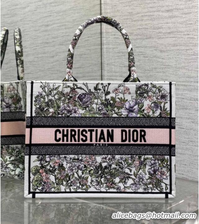 Pretty Style Dior Medium Book Tote Bag in Latte White Embroidery with Pink Multicolor D-Floral Embroidery D7066 2025