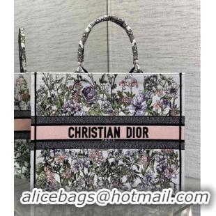Super Quality Dior Large Book Tote Bag in Latte White Embroidery with Pink Multicolor D-Floral Embroidery D7065 2025