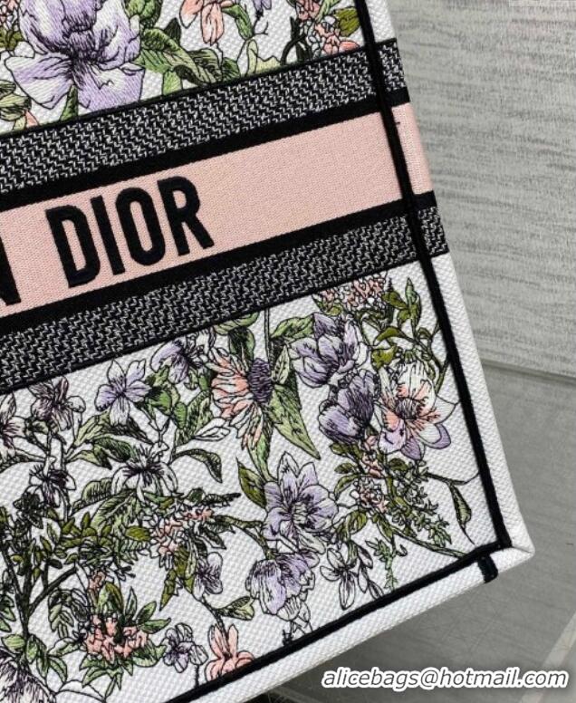 Super Quality Dior Large Book Tote Bag in Latte White Embroidery with Pink Multicolor D-Floral Embroidery D7065 2025