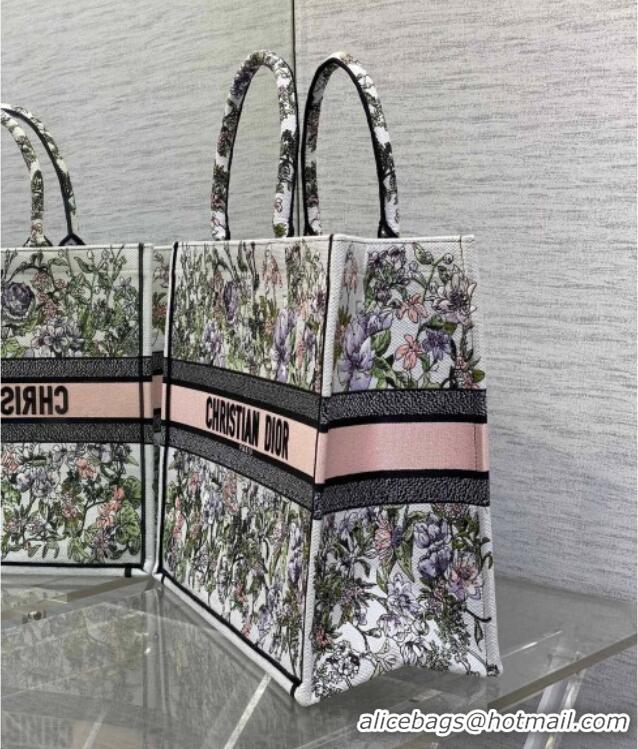 Super Quality Dior Large Book Tote Bag in Latte White Embroidery with Pink Multicolor D-Floral Embroidery D7065 2025