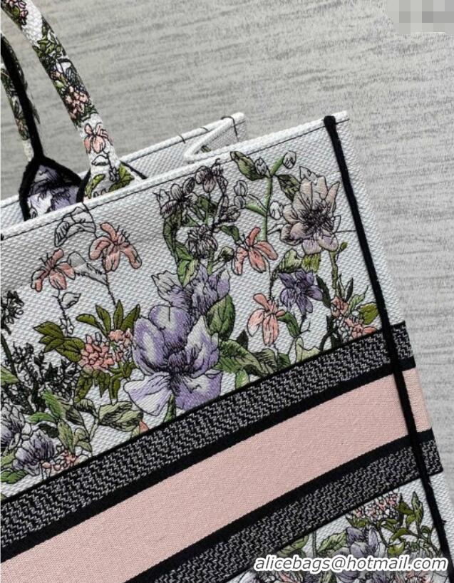 Super Quality Dior Large Book Tote Bag in Latte White Embroidery with Pink Multicolor D-Floral Embroidery D7065 2025