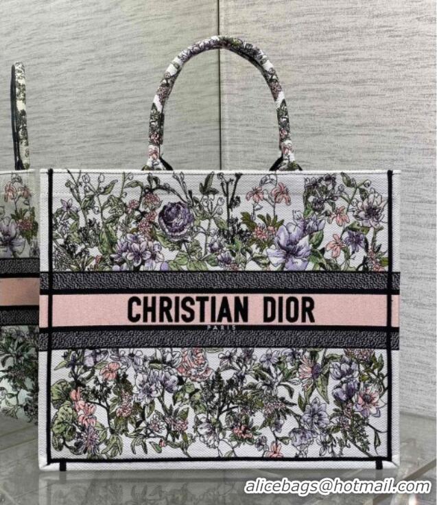 Super Quality Dior Large Book Tote Bag in Latte White Embroidery with Pink Multicolor D-Floral Embroidery D7065 2025