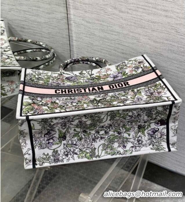 Super Quality Dior Large Book Tote Bag in Latte White Embroidery with Pink Multicolor D-Floral Embroidery D7065 2025