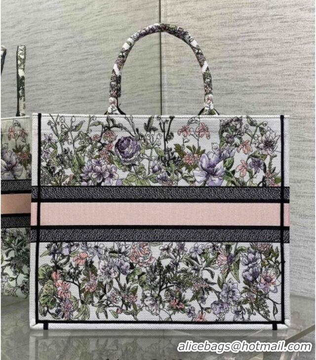 Super Quality Dior Large Book Tote Bag in Latte White Embroidery with Pink Multicolor D-Floral Embroidery D7065 2025