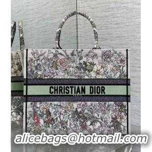 New Design Dior Large Book Tote Bag in Latte White Embroidery with Green Multicolor D-Floral Embroidery D7065 2025
