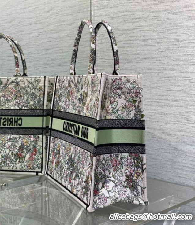 New Design Dior Large Book Tote Bag in Latte White Embroidery with Green Multicolor D-Floral Embroidery D7065 2025