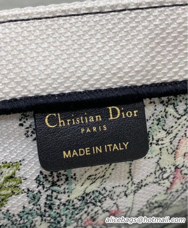 New Design Dior Large Book Tote Bag in Latte White Embroidery with Green Multicolor D-Floral Embroidery D7065 2025