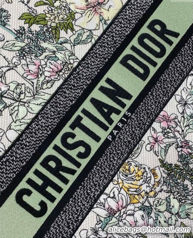 New Design Dior Large Book Tote Bag in Latte White Embroidery with Green Multicolor D-Floral Embroidery D7065 2025