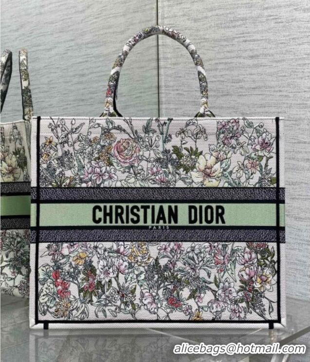 New Design Dior Large Book Tote Bag in Latte White Embroidery with Green Multicolor D-Floral Embroidery D7065 2025