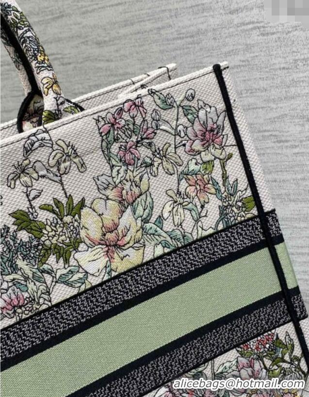 New Design Dior Large Book Tote Bag in Latte White Embroidery with Green Multicolor D-Floral Embroidery D7065 2025