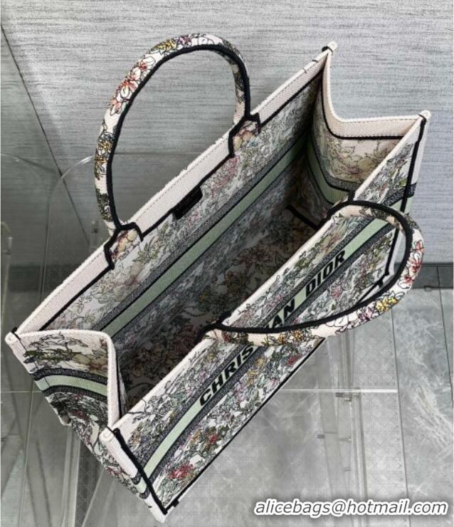 New Design Dior Large Book Tote Bag in Latte White Embroidery with Green Multicolor D-Floral Embroidery D7065 2025
