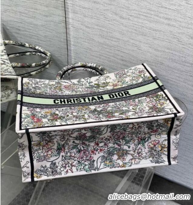 New Design Dior Large Book Tote Bag in Latte White Embroidery with Green Multicolor D-Floral Embroidery D7065 2025