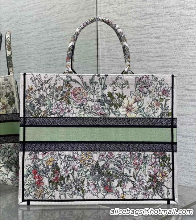 New Design Dior Large Book Tote Bag in Latte White Embroidery with Green Multicolor D-Floral Embroidery D7065 2025