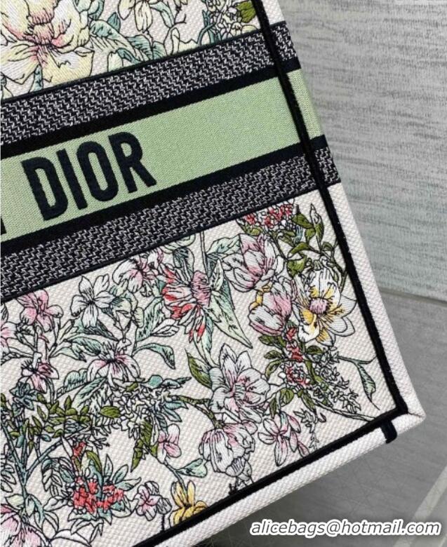 New Design Dior Large Book Tote Bag in Latte White Embroidery with Green Multicolor D-Floral Embroidery D7065 2025