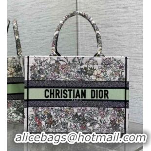 Pretty Style Dior Medium Book Tote Bag in Latte White Embroidery with Green Multicolor D-Floral Embroidery D7066 2025