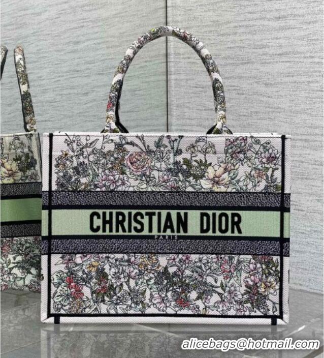 Pretty Style Dior Medium Book Tote Bag in Latte White Embroidery with Green Multicolor D-Floral Embroidery D7066 2025
