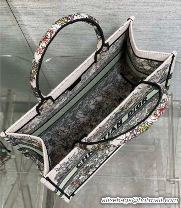 Pretty Style Dior Medium Book Tote Bag in Latte White Embroidery with Green Multicolor D-Floral Embroidery D7066 2025