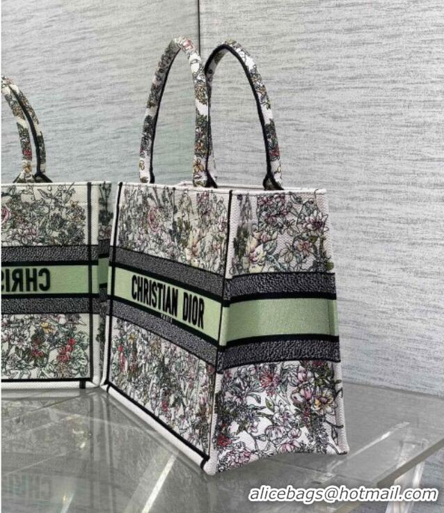 Pretty Style Dior Medium Book Tote Bag in Latte White Embroidery with Green Multicolor D-Floral Embroidery D7066 2025