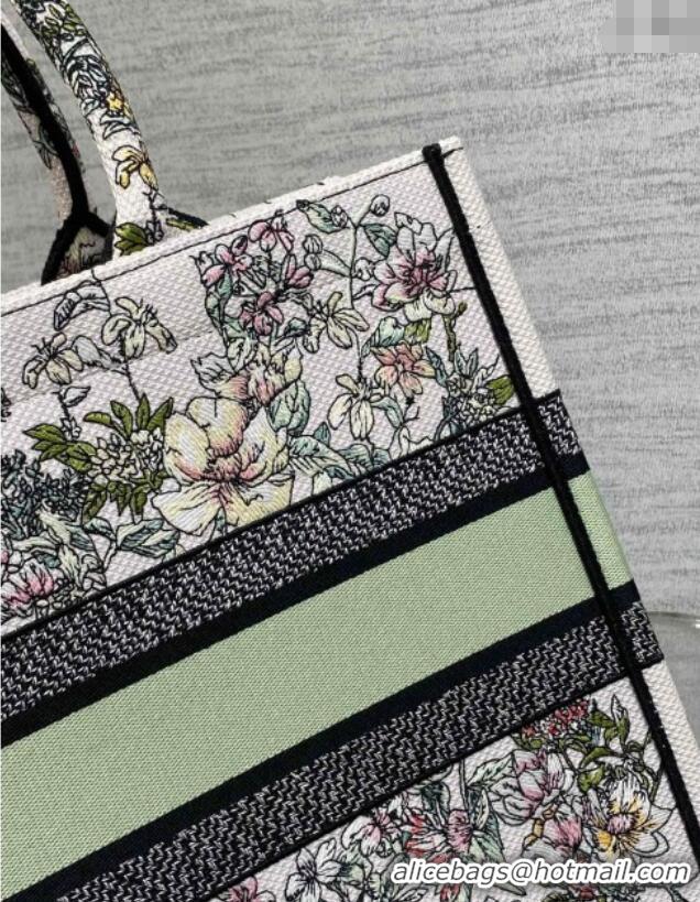 Pretty Style Dior Medium Book Tote Bag in Latte White Embroidery with Green Multicolor D-Floral Embroidery D7066 2025