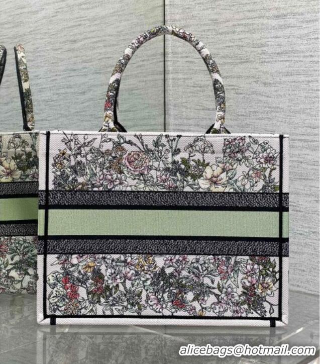 Pretty Style Dior Medium Book Tote Bag in Latte White Embroidery with Green Multicolor D-Floral Embroidery D7066 2025